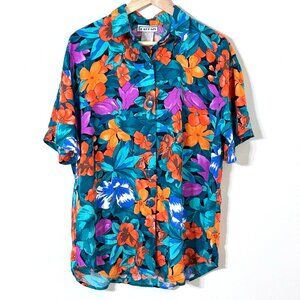 Vtg Cabrais Womens Tropical Hawaiian Shirt Rayon Button Floral Teal Hibiscus